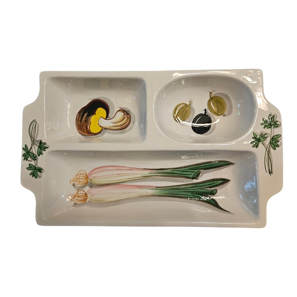 1960s Italian Pottery Divided Serving Tray Hand-Painted Vegetables 13.5x8x1.5 38